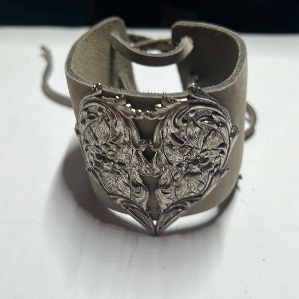 Grey leather lace up and silver heart bracelet handmade on Etsy
